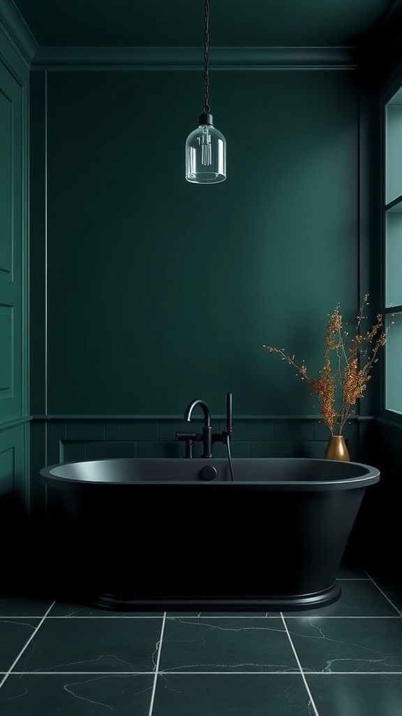 A black bathtub in a dark green bathroom with natural light and decorative elements.