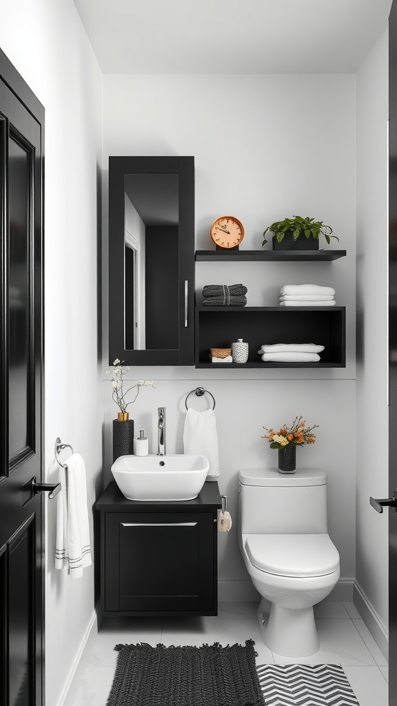 A chic black themed bathroom featuring black cabinets, shelves, and a white sink.