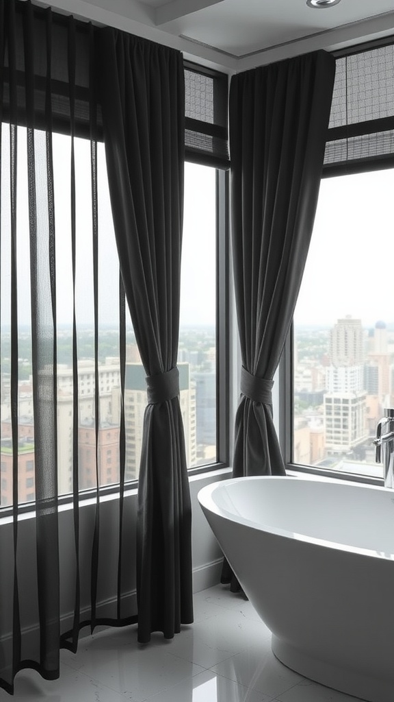 A luxurious bathroom with black window treatments and a freestanding tub.