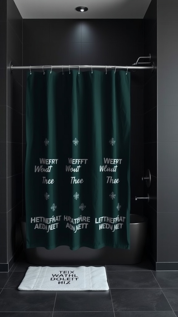 Chic dark green shower curtain with playful text in a black tiled bathroom