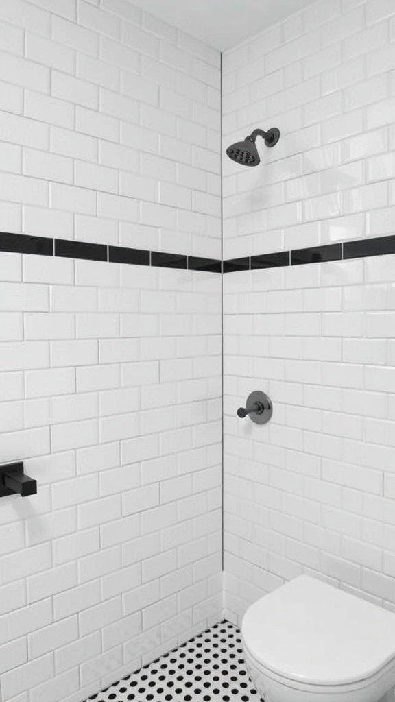 A bathroom with white subway tiles accented by a black line, featuring black fixtures and polka dot flooring.