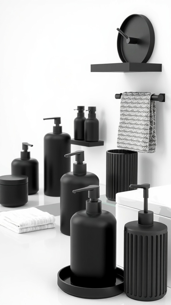 A modern bathroom display featuring various black accessories including soap dispensers, a towel bar, and a shelf, set against a clean white background.