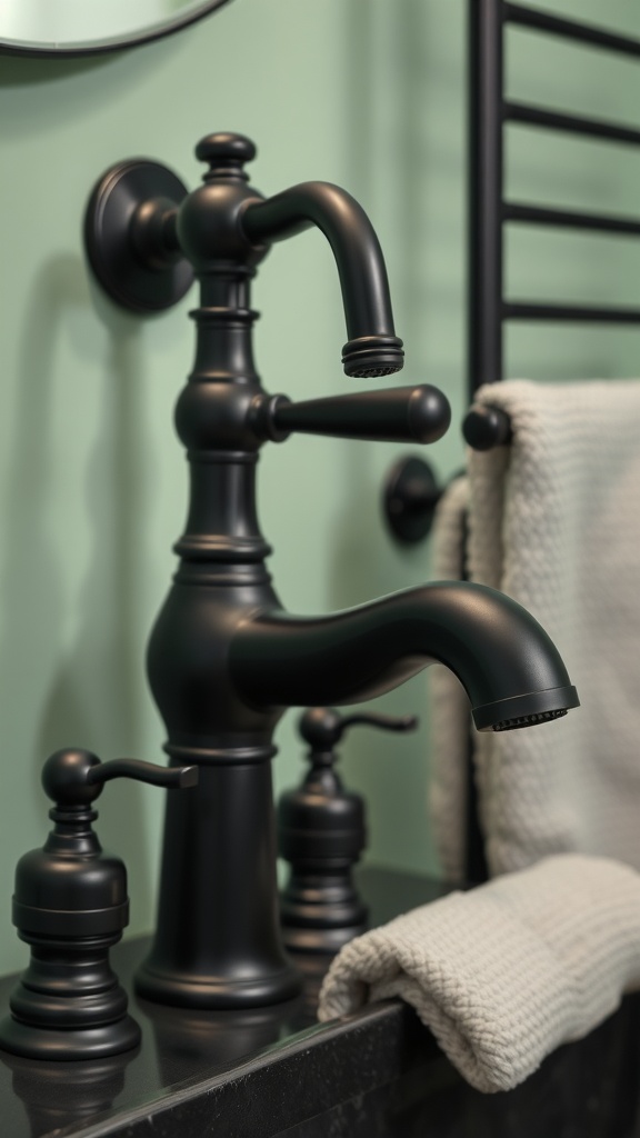 A close-up view of a black faucet and fixtures against a sage green bathroom wall, featuring a towel rack and a soft towel.