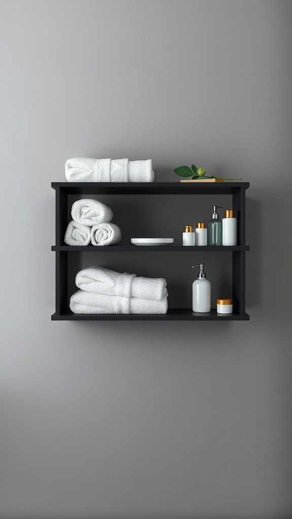 A black shelving unit against a grey wall, displaying white towels and bath accessories.