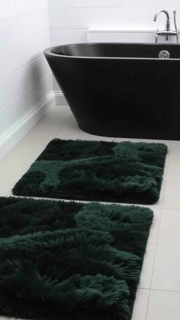 Dark green and black plush bath mats near a black freestanding bathtub