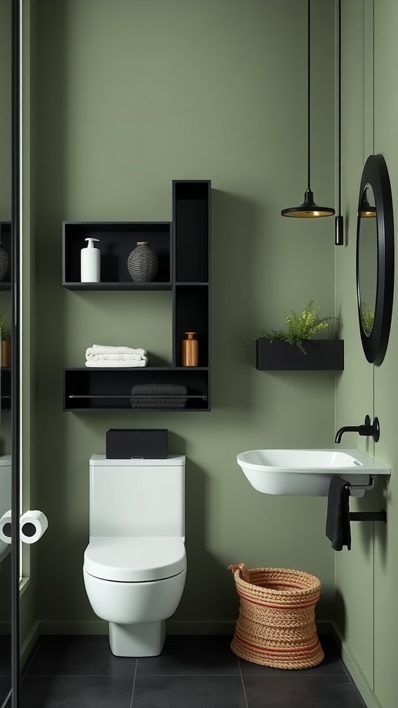 A stylish sage green and black bathroom featuring wall storage, a floating sink, and modern decor.