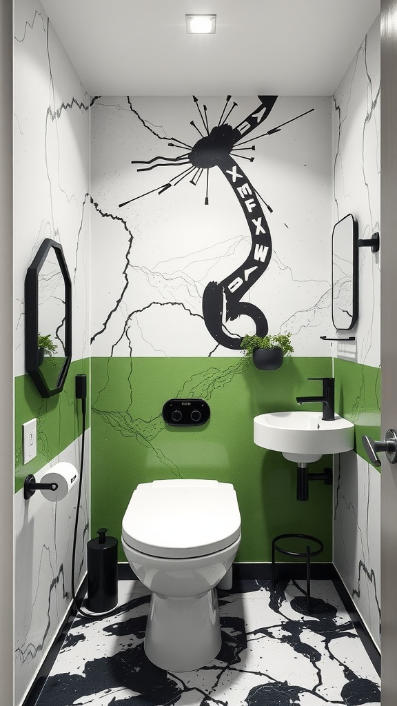 A modern black, white, and green bathroom featuring abstract wall art and vibrant green paint.