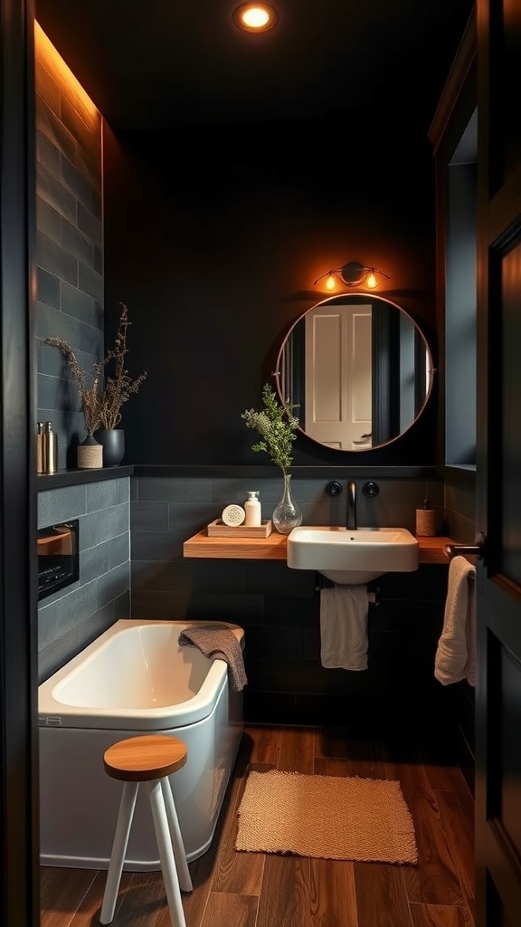 A cozy black bathroom featuring a modern design with a freestanding tub, sink, and wooden accents.