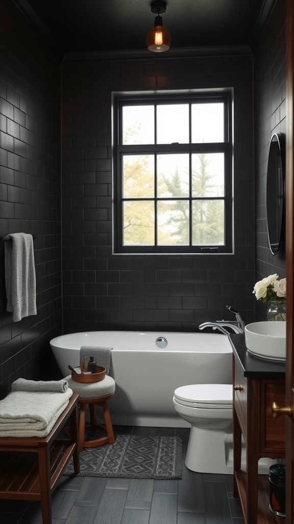 A stylish black-themed bathroom featuring dark wood elements including a stool and shelving, complemented by a freestanding bathtub and decorative accessories.