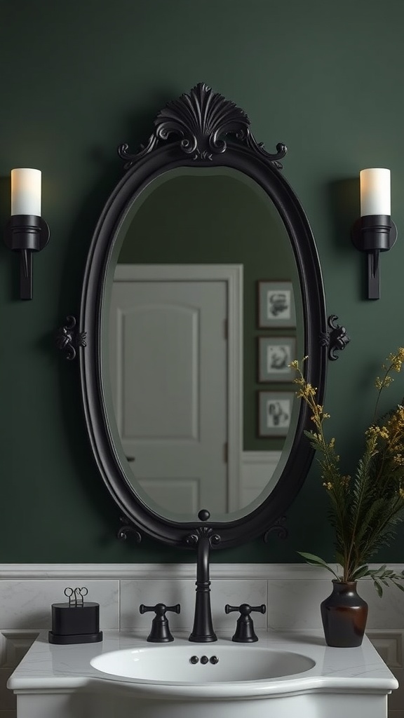 A decorative black-framed mirror above a white sink in a dark green and black bathroom, featuring elegant lighting and touches of greenery.