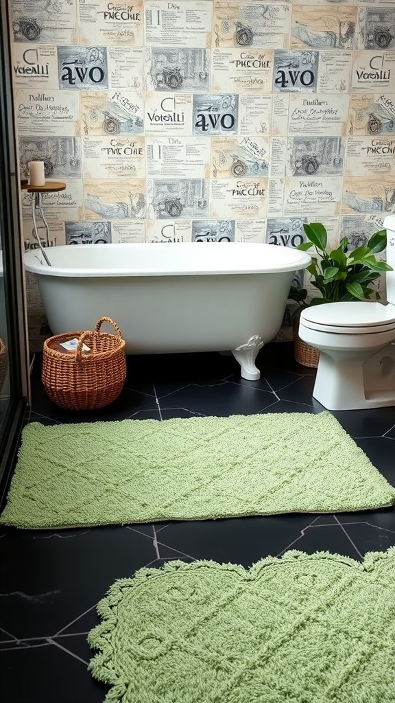 A cozy sage green rug in a black and sage green bathroom setting, featuring a bathtub, plants, and decorative elements.