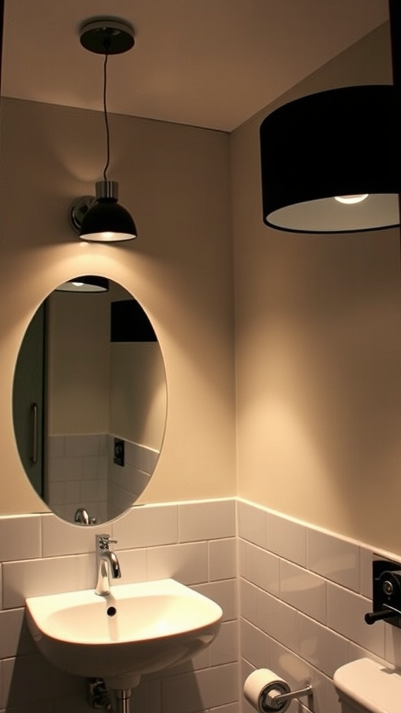 A black-themed bathroom with dramatic lighting featuring a pendant and wall-mounted lamp.