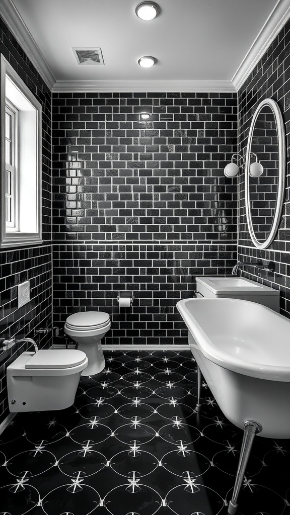 A stylish bathroom featuring black subway tiles on the walls and a black and white patterned floor.