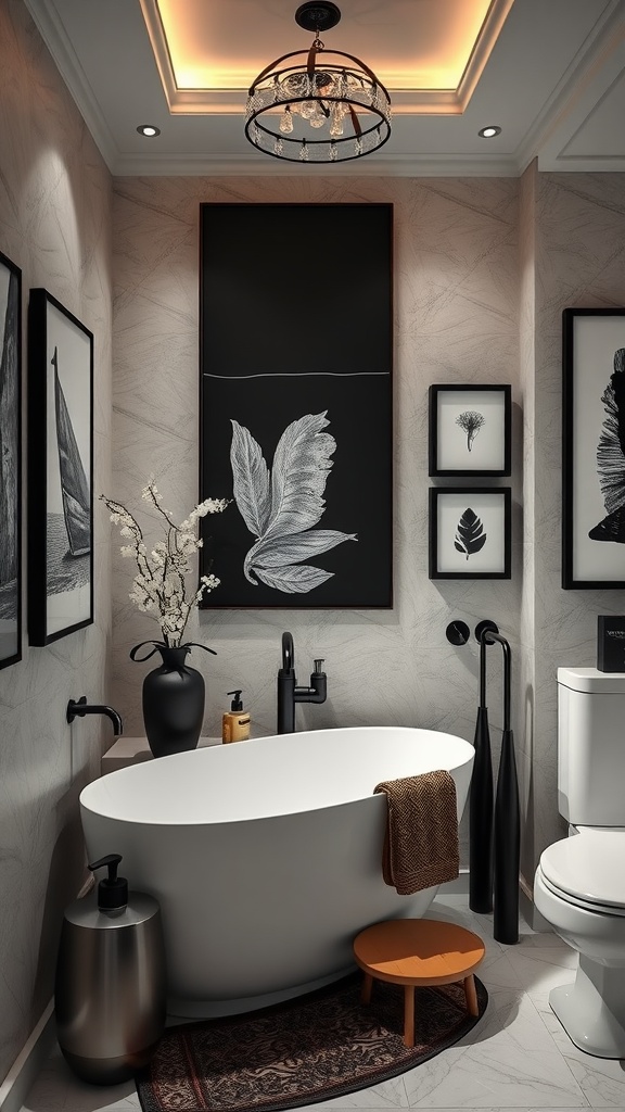 Elegant bathroom featuring black artwork and decor, showcasing framed leaf illustrations and stylish accessories.