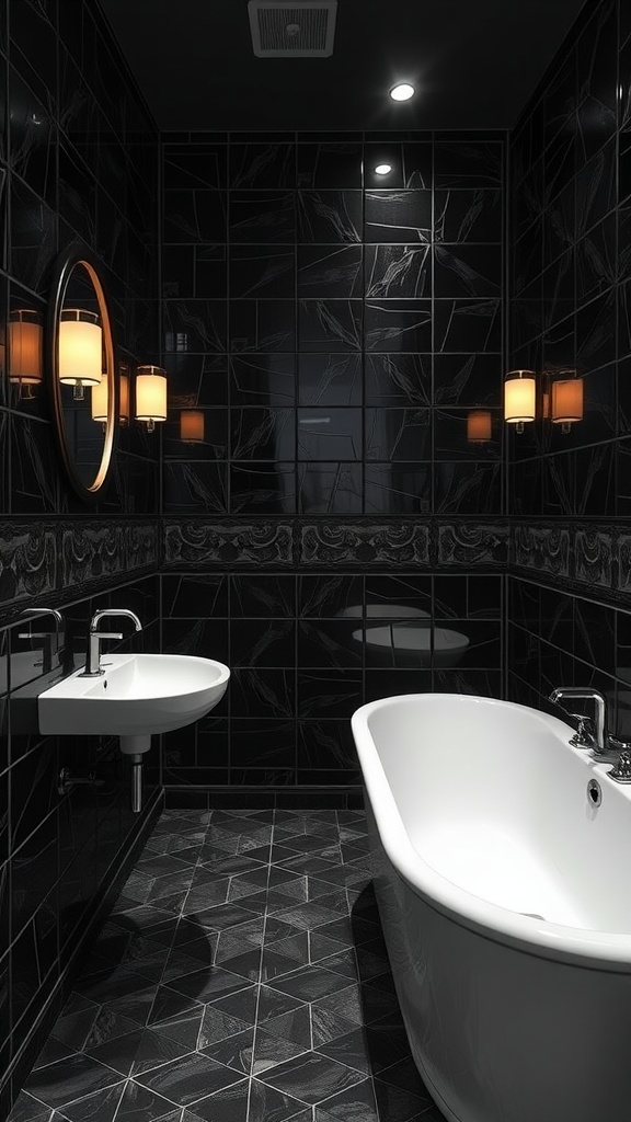 Elegant black themed bathroom featuring intricate black tiles, a freestanding bathtub, and stylish lighting.