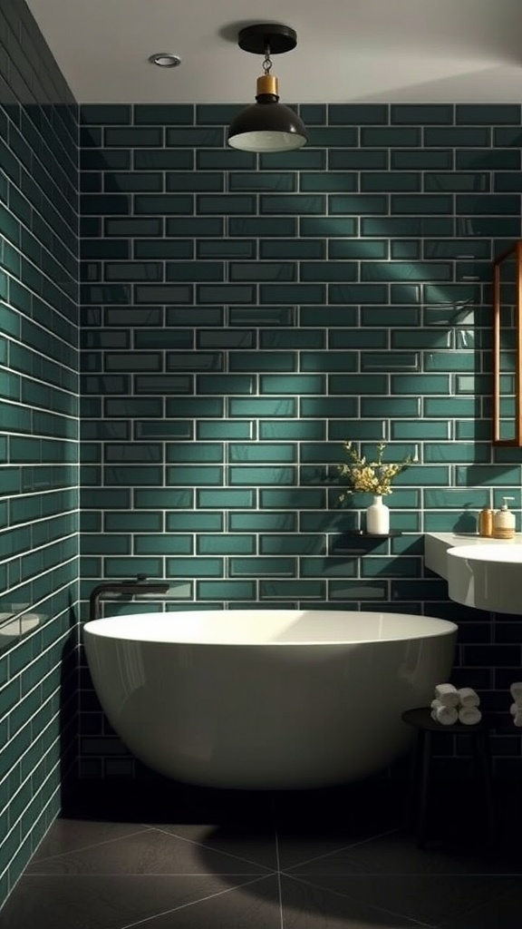 A modern bathroom featuring dark green subway tiles, a white freestanding bathtub, and natural accents.