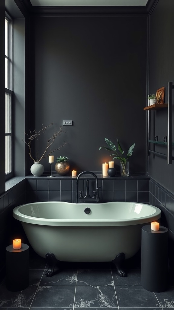 A stylish sage green bathtub with black claw feet, surrounded by candles and plants in a dimly lit bathroom.