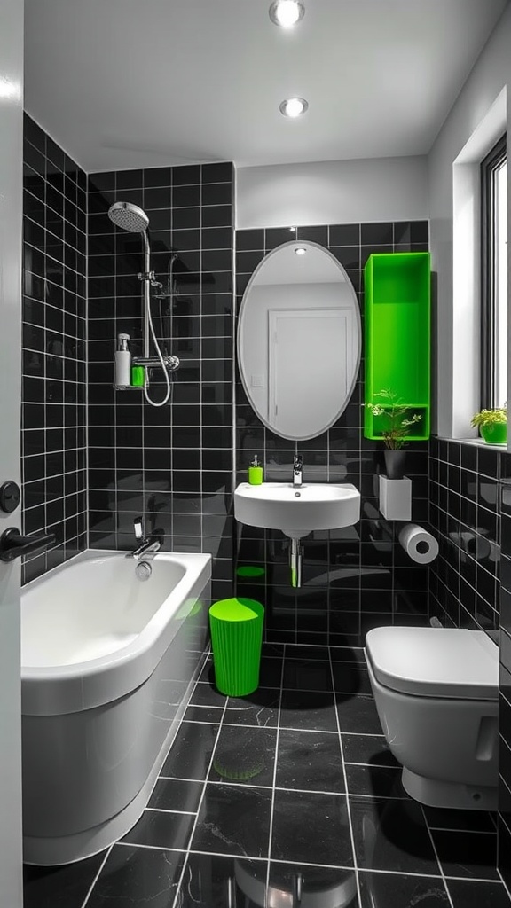 A black, white, and green bathroom featuring a bathtub, sink, and toilet with modern design elements.