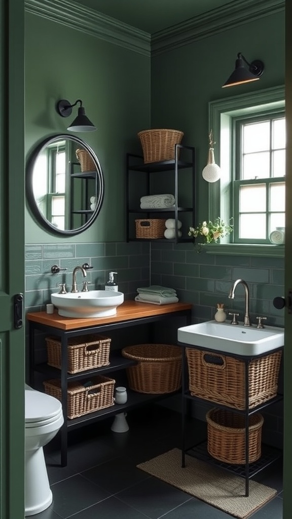 A sage green and black bathroom with functional storage solutions, featuring open shelving, decorative baskets, and a compact sink area.