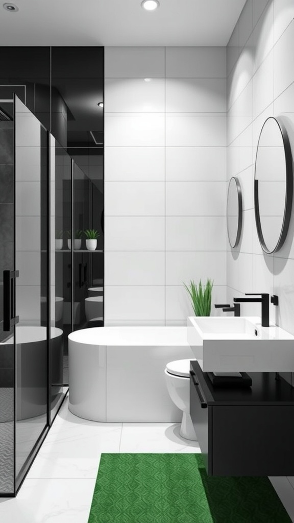 Modern black and white bathroom with green accents, featuring geometric shapes and clean lines