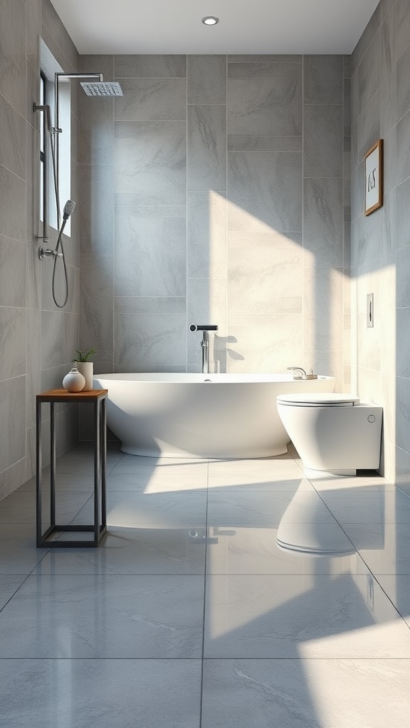 A modern bathroom featuring glossy grey floor tiles, a white bathtub, and contemporary fixtures.