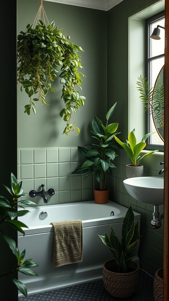 A stylish bathroom featuring sage green walls, black fixtures, and various indoor plants.