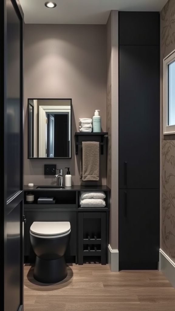 A stylish bathroom featuring black storage solutions, including a tall cabinet and compact shelves, with a sleek sink area.