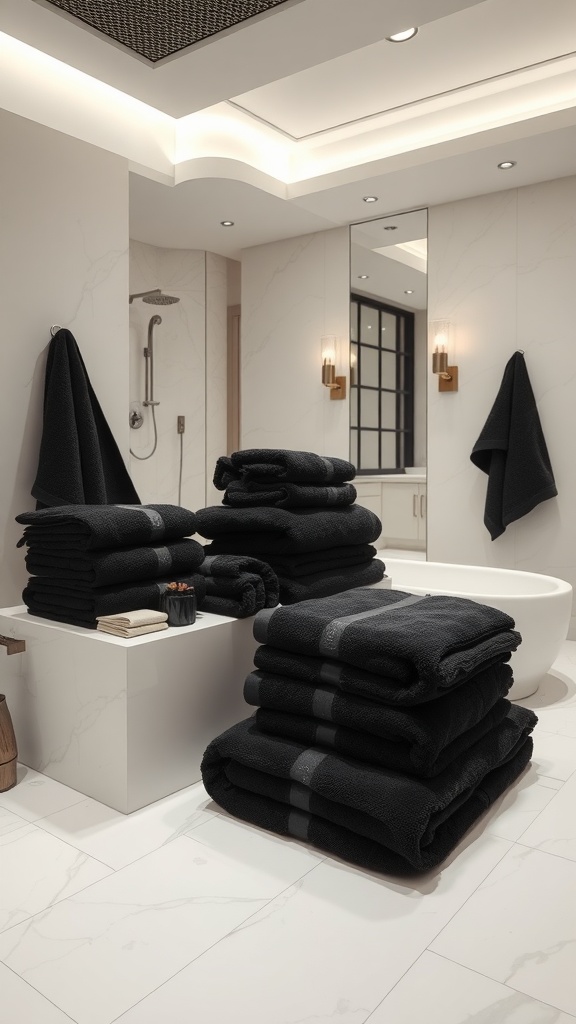 A luxurious bathroom featuring neatly stacked black towels and linens on a white surface, enhancing the modern design of the space.