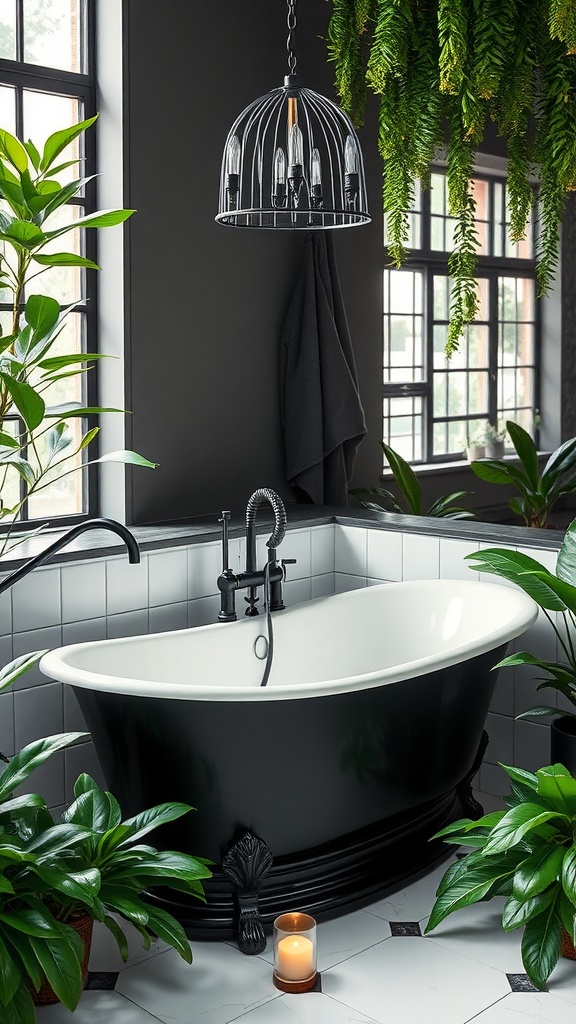 A luxurious black and white bathtub surrounded by plants in a stylish bathroom.