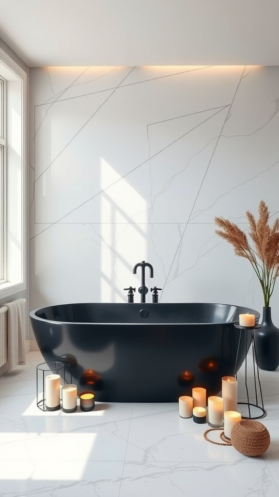 A luxurious black bathtub surrounded by candles and plants in a bright bathroom.