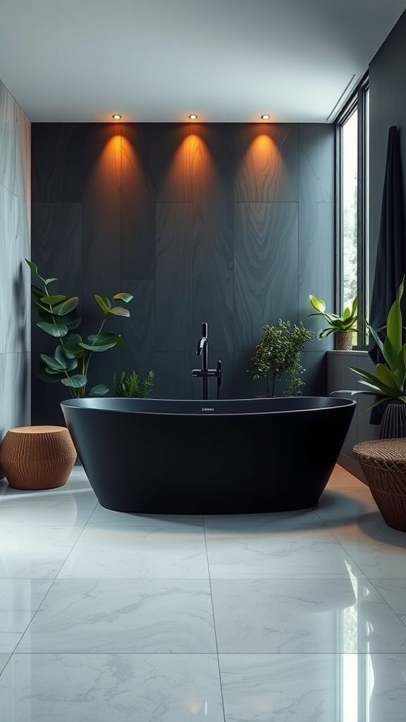 A luxurious black freestanding bathtub in a modern bathroom with plants and warm lighting.