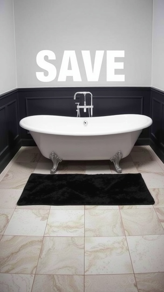 Luxurious black rug in a stylish bathroom with a freestanding bathtub