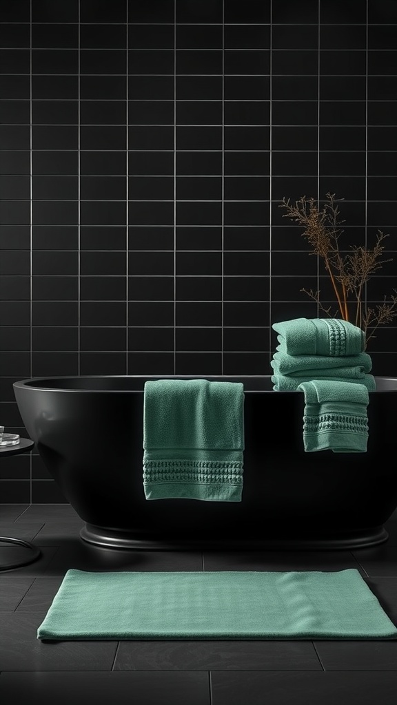 A minimalist dark green and black bathroom featuring plush green towels on a black tub, with a matching bath mat.