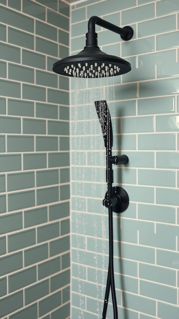 Black shower head with water flowing in a sage green tiled shower