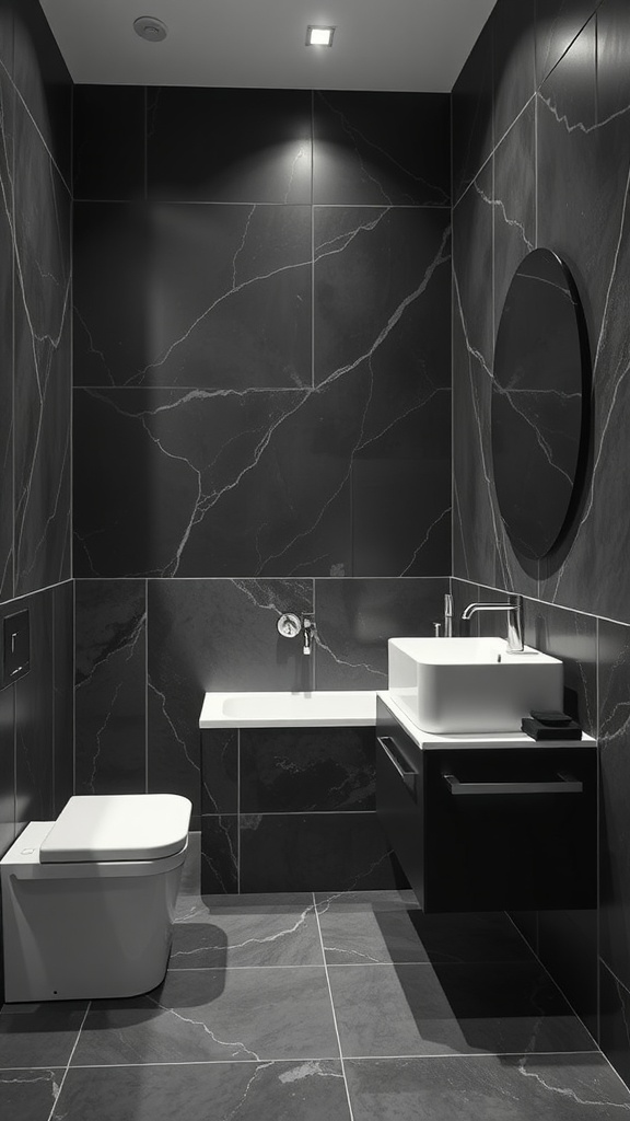 A minimalist black and grey bathroom featuring dark marble tiles, a white sink, and a circular mirror.