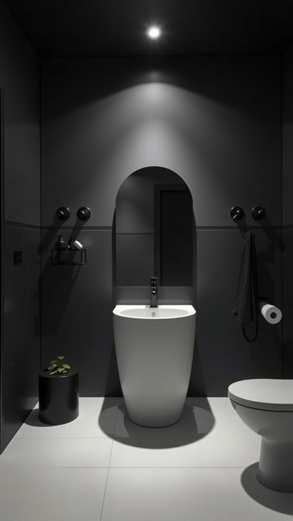 A minimalist black-themed bathroom featuring sleek black lighting fixtures, a modern sink, and a small plant