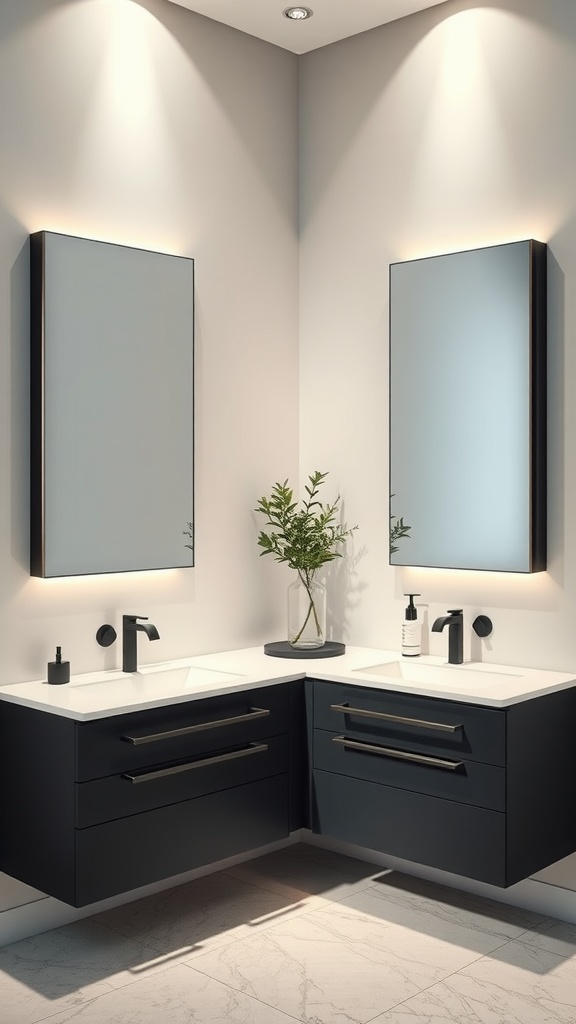 A modern bathroom with black double vanity and mirrors