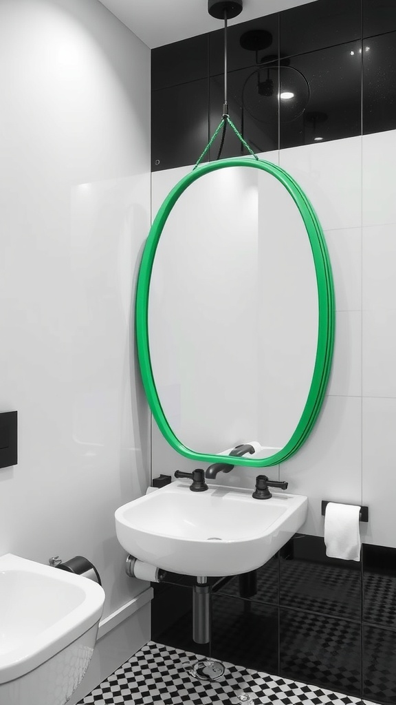 A black, white, and green bathroom featuring a unique oval green mirror in a modern style.