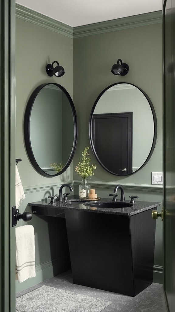 A sage green bathroom featuring modern black round mirrors above a black sink.