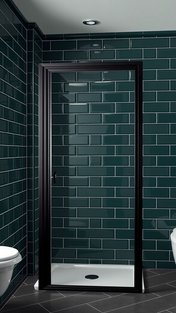 A modern black shower door in a dark green tiled bathroom