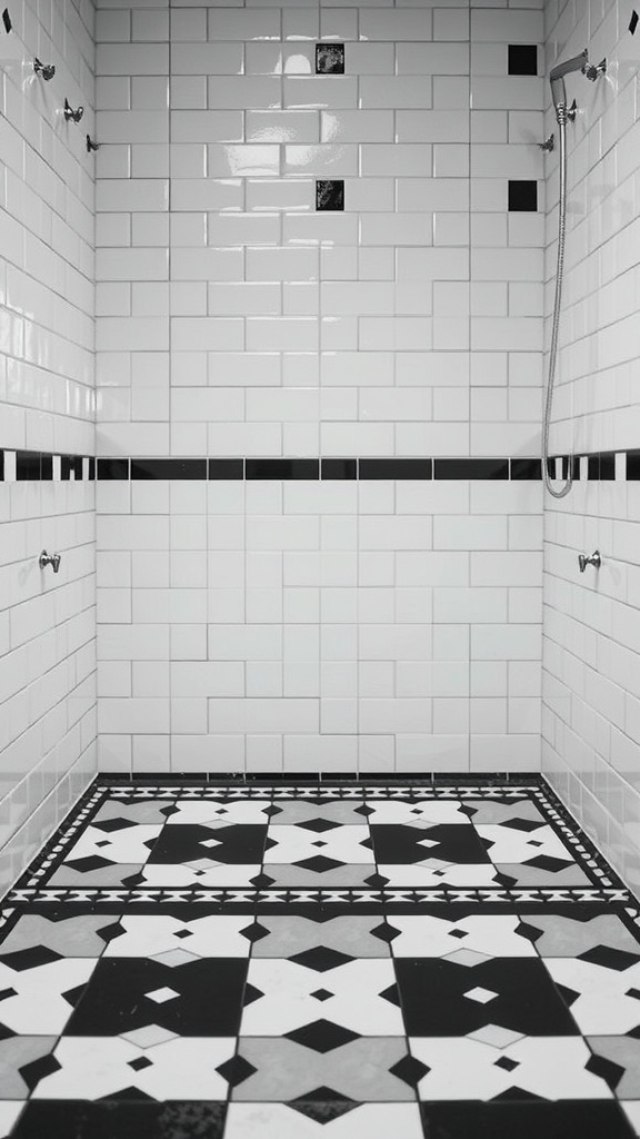 A black, white, and grey bathroom featuring geometric floor tiles and white subway wall tiles.