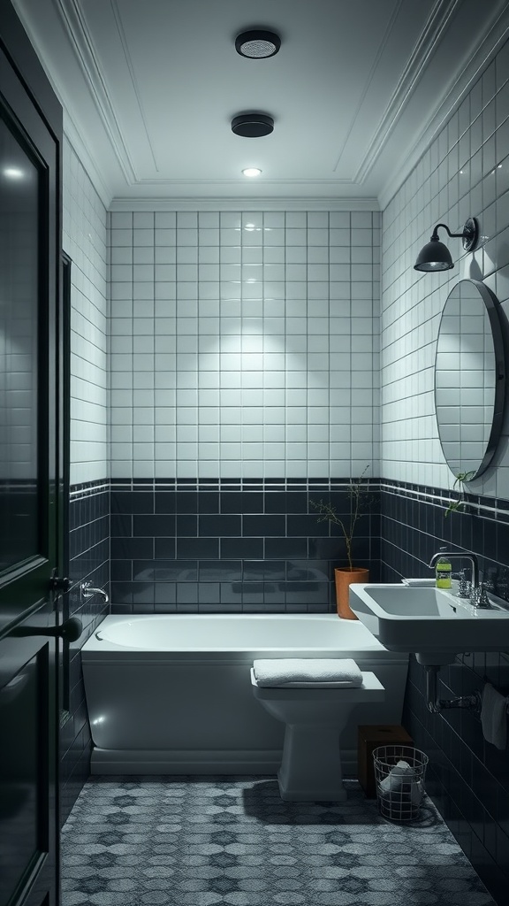 A modern bathroom featuring black and white tiles with strategic mood lighting and a touch of green decor.