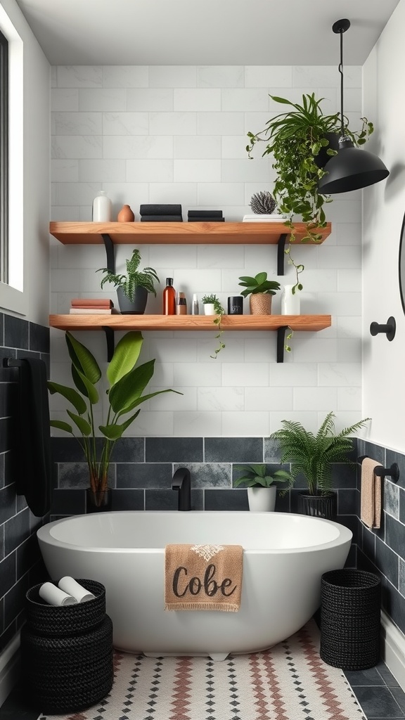 A modern bathroom featuring a white tub, black and white tiles, wooden shelves with plants, and a cozy ambiance.