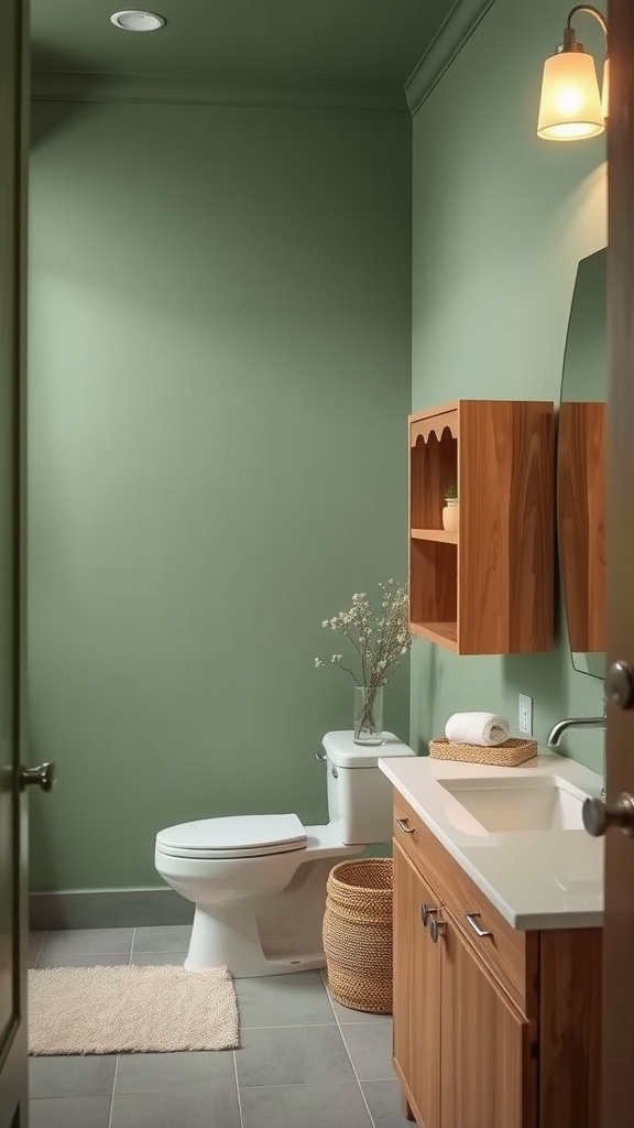 A sage green and black bathroom featuring natural wood elements like cabinetry and baskets.