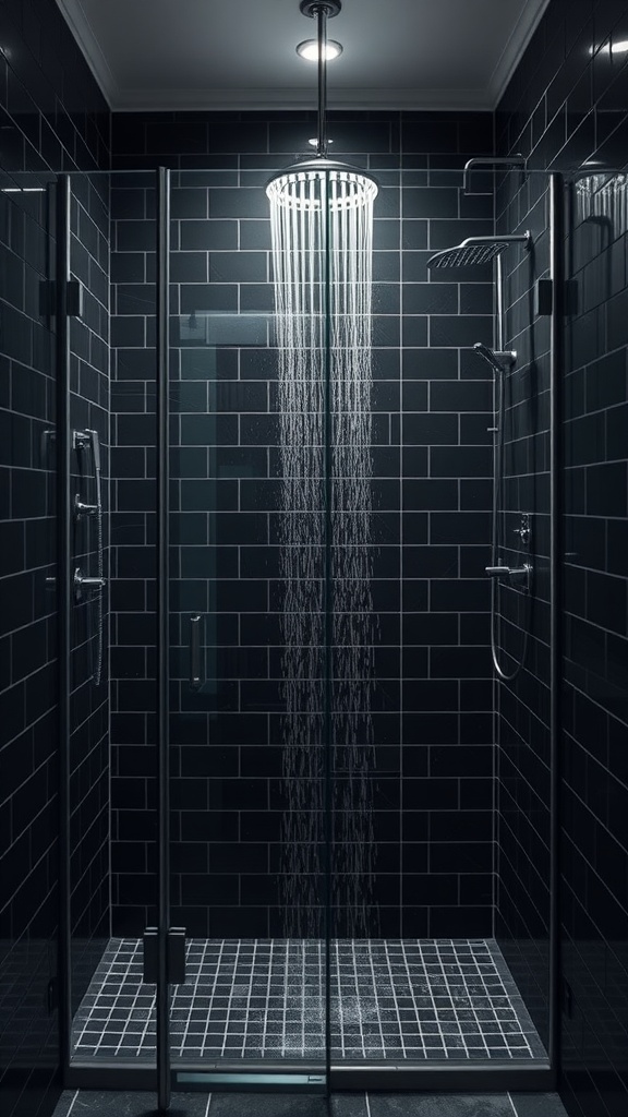 A luxurious black shower with modern fixtures and glass doors