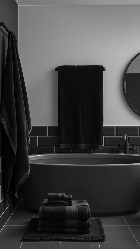 A black themed bathroom showcasing neatly arranged black towels and linens
