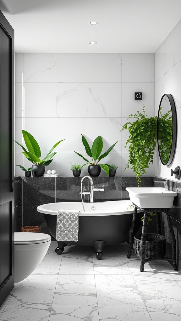 A modern bathroom featuring a black tub, white sink, and lush green plants.