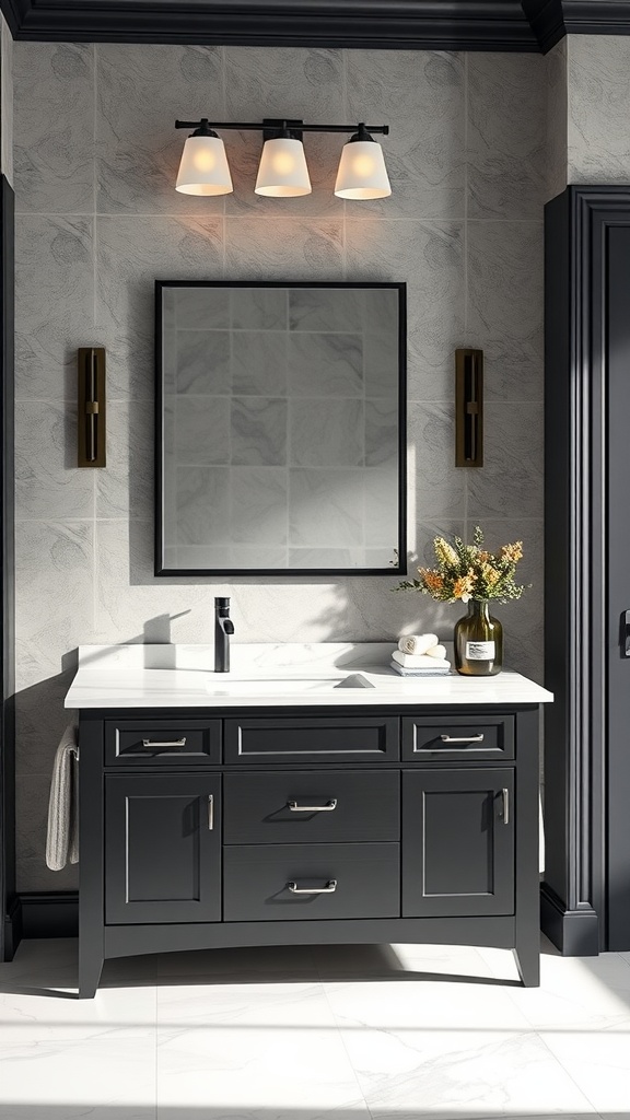 A sleek black vanity in a modern bathroom with a mirror, soft lighting, and decorative elements.