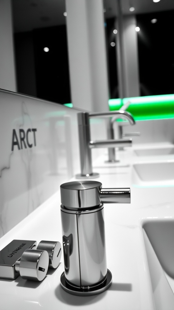 A modern bathroom sink with sleek silver fixtures, including a faucet and a soap dispenser, against a contrasting background of black and white.