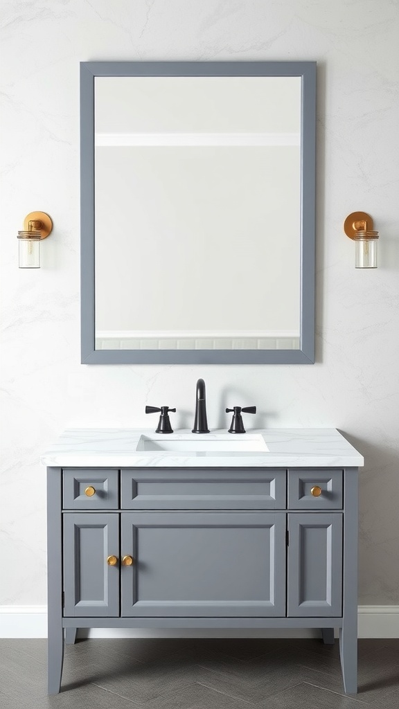 A grey bathroom vanity with a marble top, featuring gold hardware and black faucet.